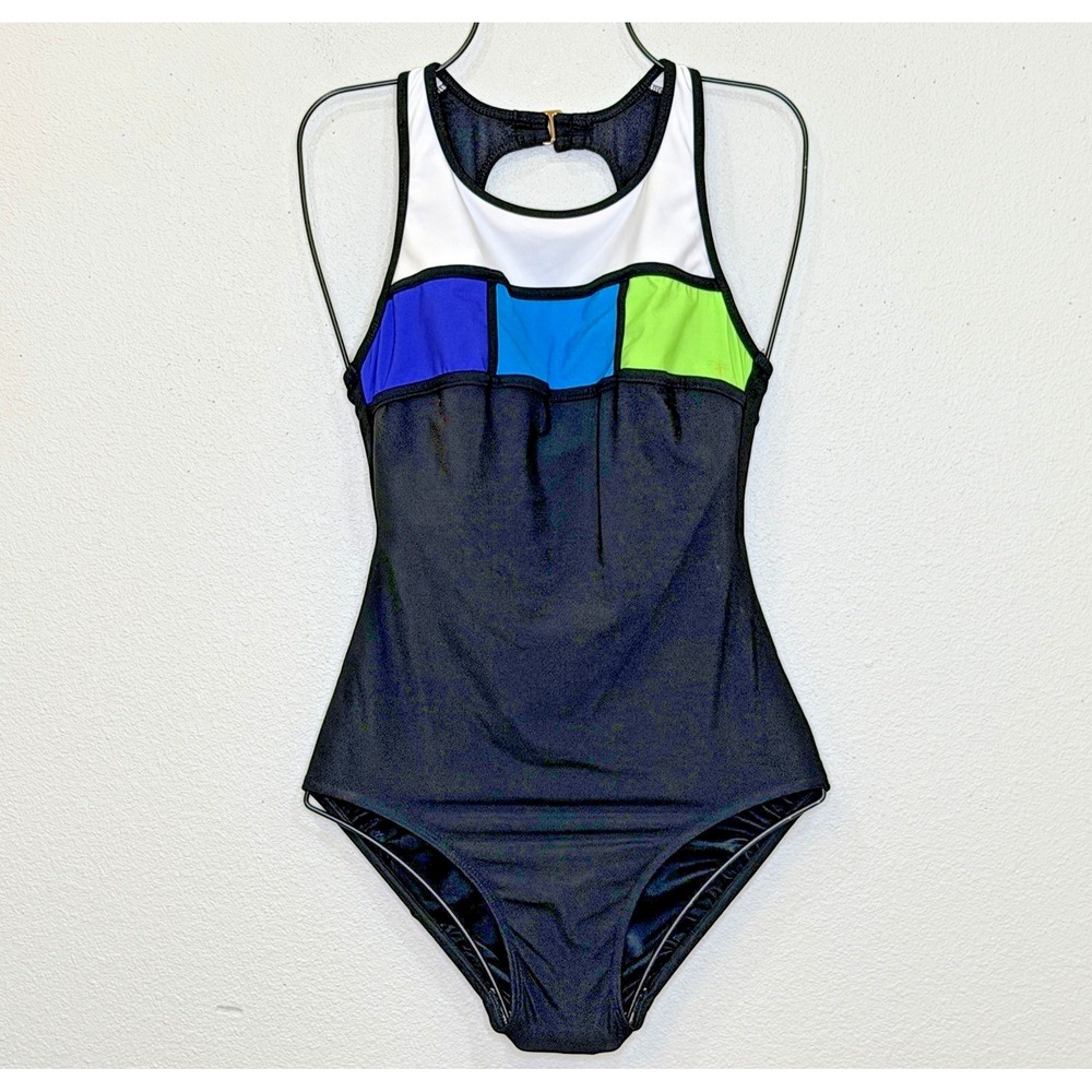 Vintage Inches Away One Piece Swimsuit Size 8‎ Black Multi Color High Neck Top